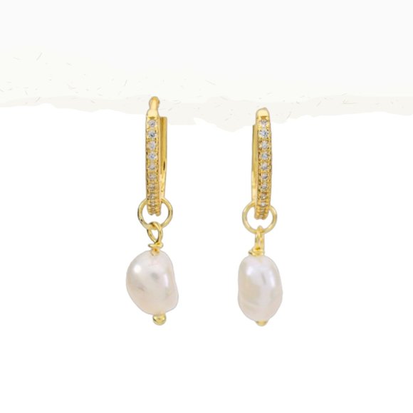 Erica Small Elongated Huggie Hoop Baroque Pearl Drop Clear Crystal Gold S925 - Picture 2 of 5